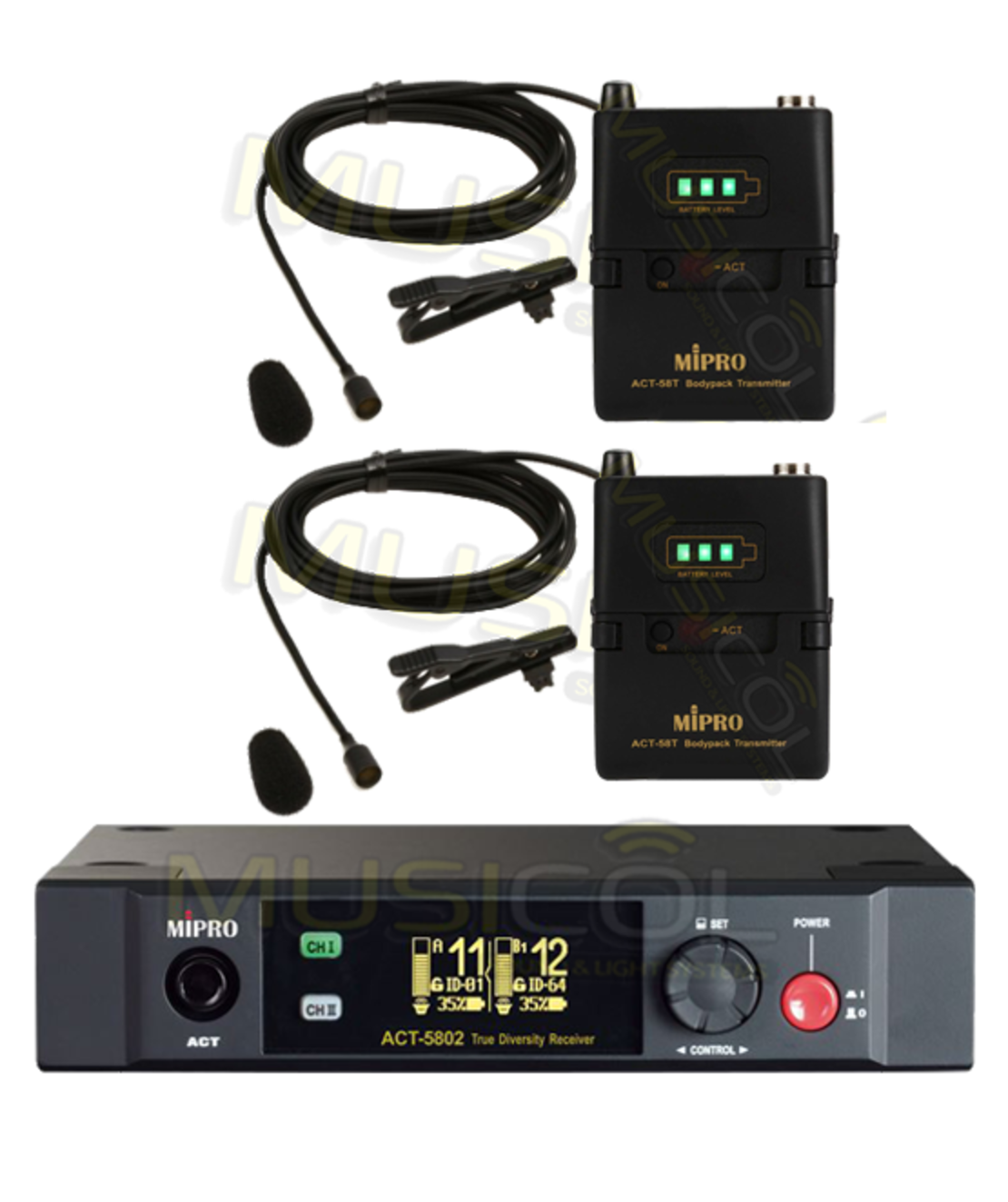 זוג מיקרופונים אלחוטיים משדר חגורה ודש MIPRO ACT-5802-TS 5.8GHz