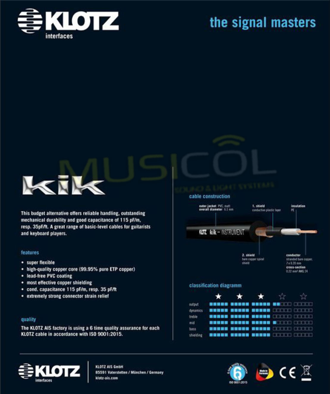 כבל לכלי נגינה PL - PL באורך 3 מטר KLOTZ KIK3.0PPSW