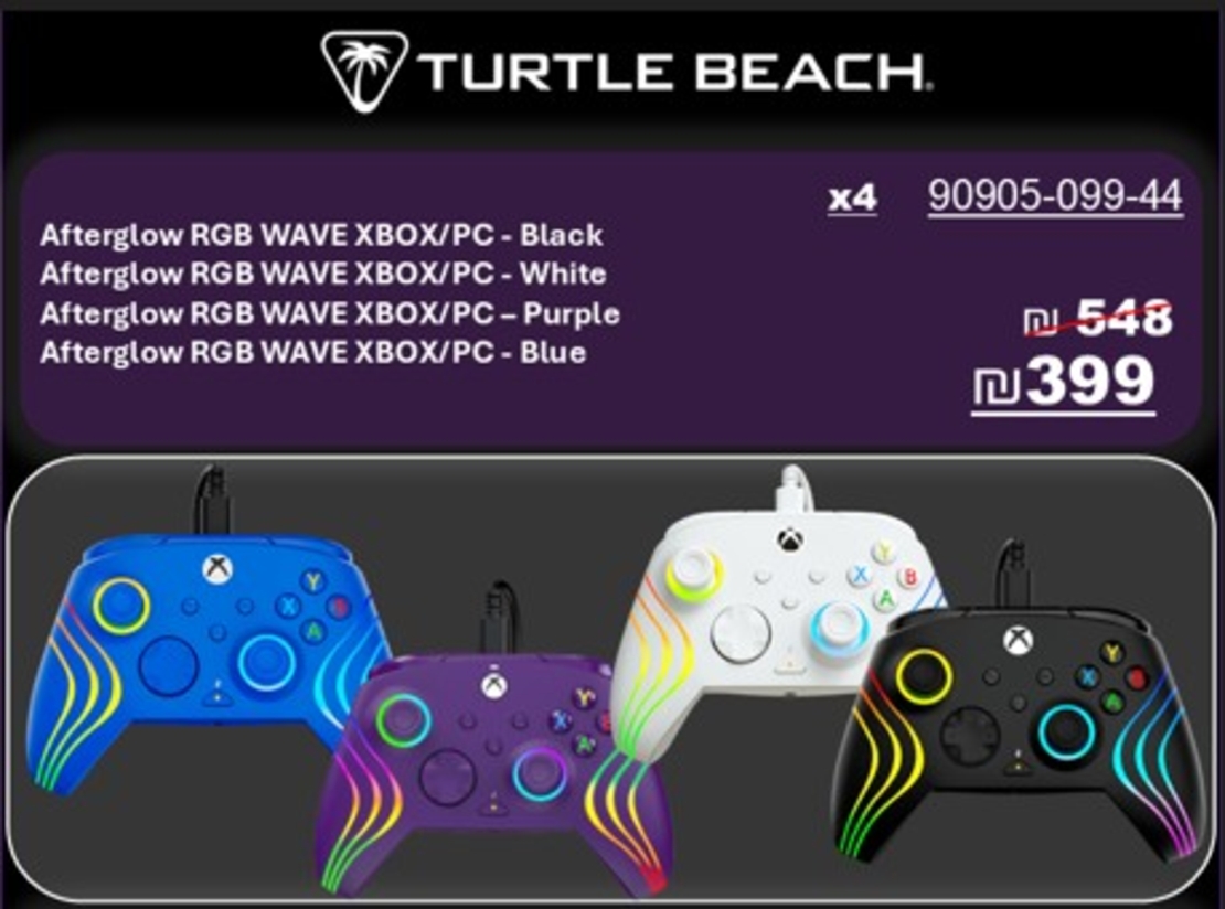 באנדל 4 שלטים RGB Afterglow Turtle Beach – שלטים חוטיים עם תאורת RGB, תואם ל־Xbox ול־PC