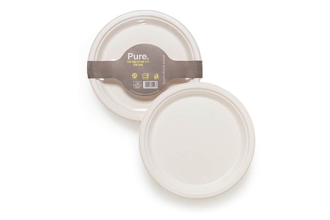 צלחות עגולות גדולות מתכלות מקנה סוכר 25 יח'  - Pure