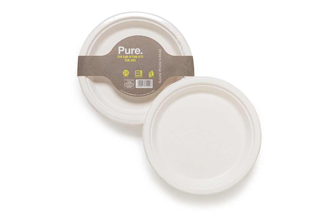 צלחות עגולות בינונית מתכלות מקנה סוכר 25 יח' - Pure