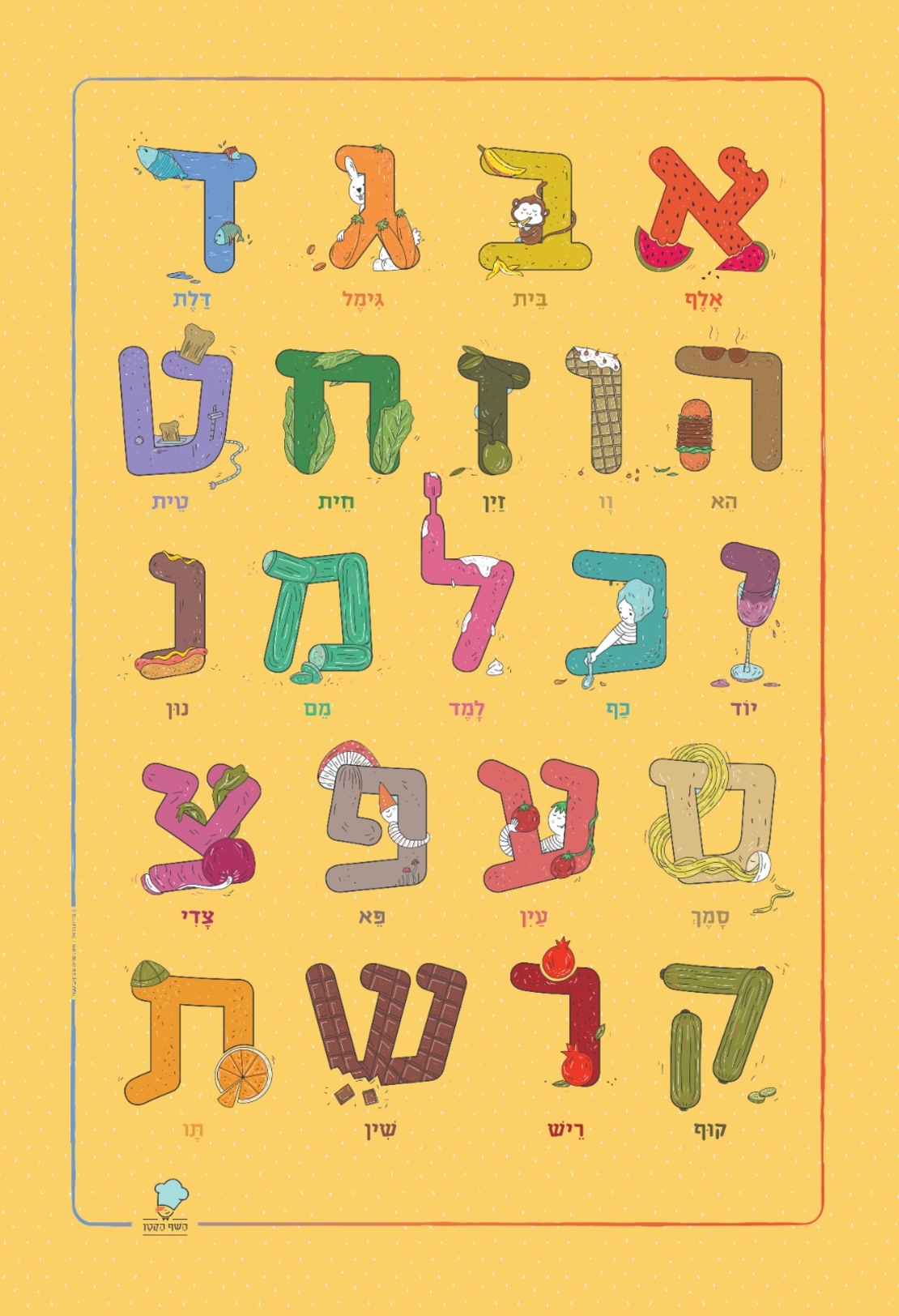 פוסטר לחדר ילדים / גן, מאויר באותיות האלף בית רקע צהוב