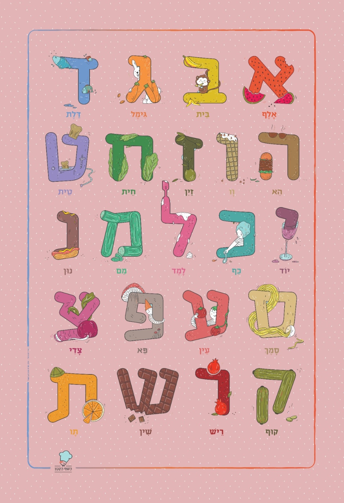 פוסטר לחדר ילדים / גן, מאויר באותיות האלף בית רקע ורוד