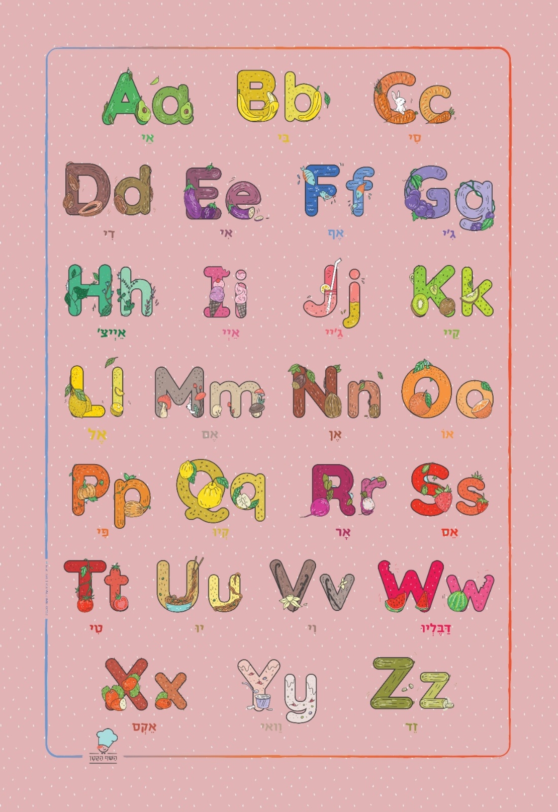 פוסטר צבעוני לחדר ילדים / גן, מאויר באותיות ABC רקע ורוד