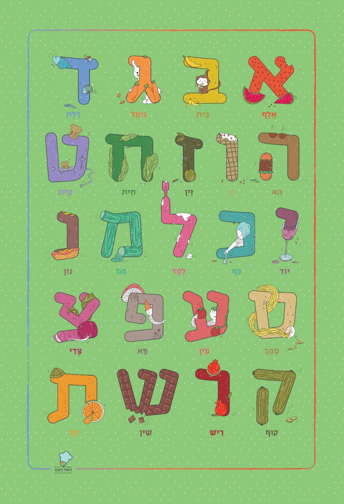 פוסטר לחדר ילדים / גן, מאויר באותיות האלף בית רקע ירוק