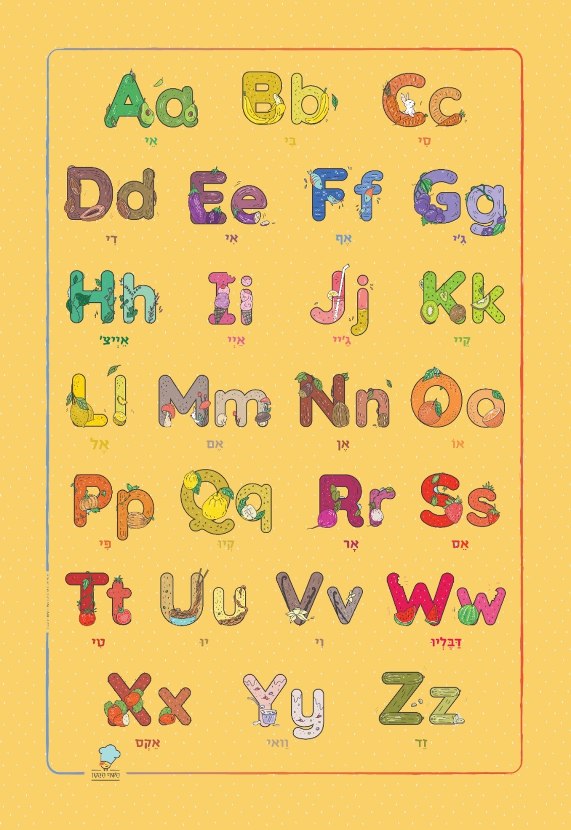 פוסטר לחדר ילדים / גן, מאויר באותיות ABC רקע צהוב