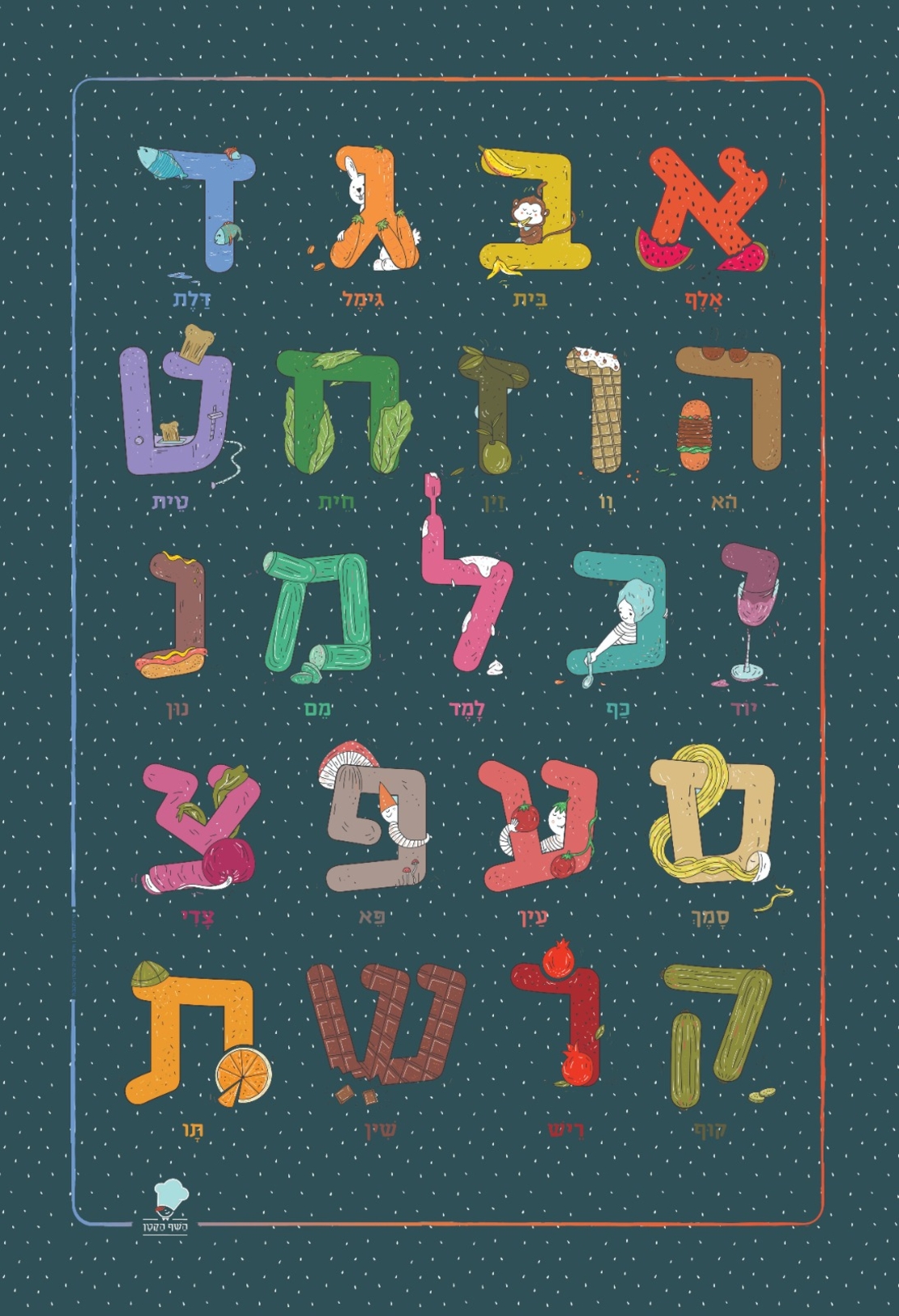 פוסטר לחדר ילדים מאויר באותיות האלף בית רקע כחול כהה