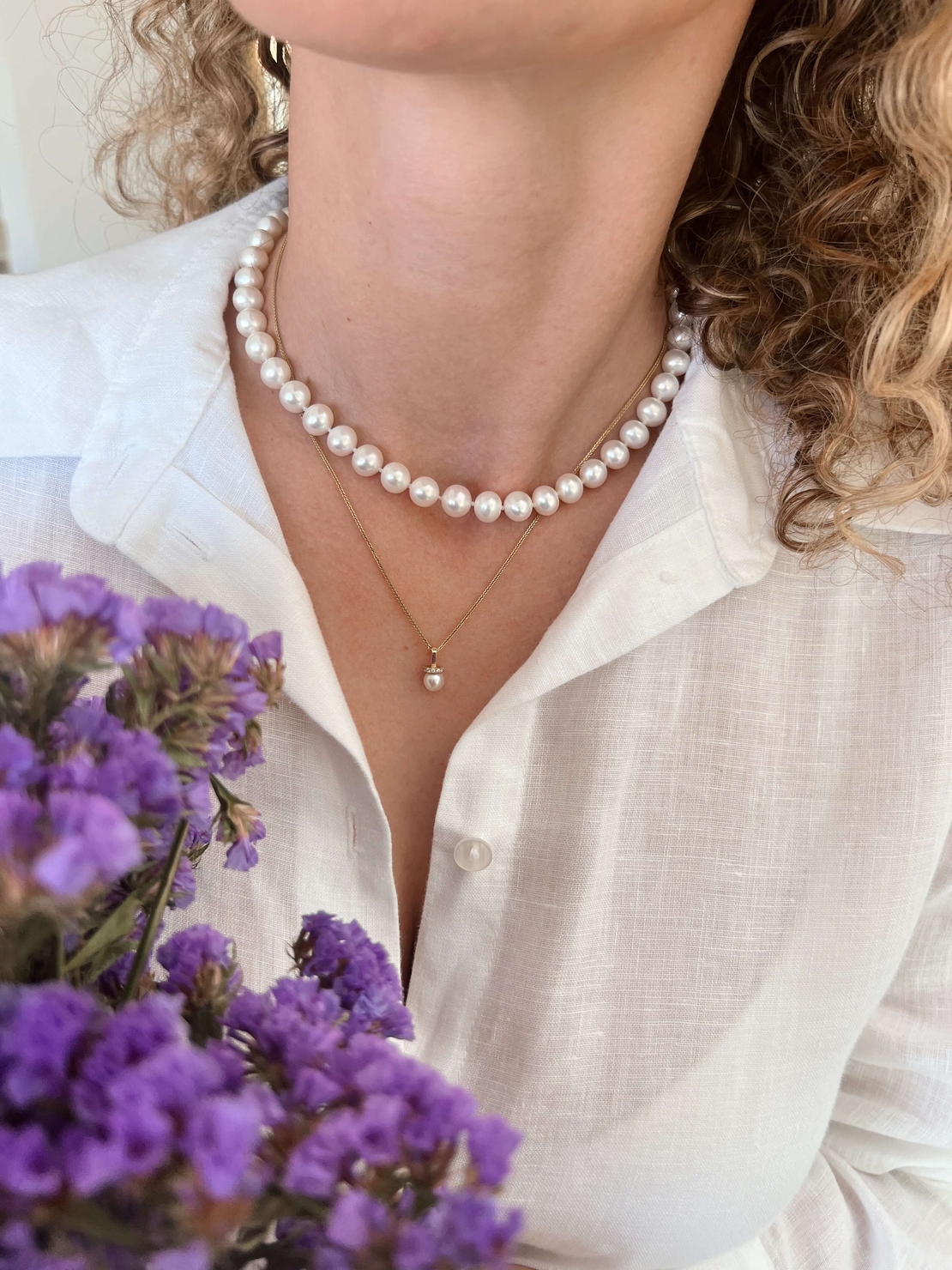 Classic Pearl  Necklace With Diamonds | שרשרת עם פנינה ויהלומים