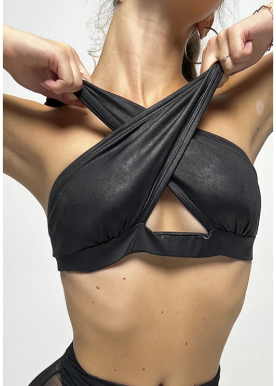 Set MISTERY DESEAR black leather top + skirt (with sewn-in shorts)