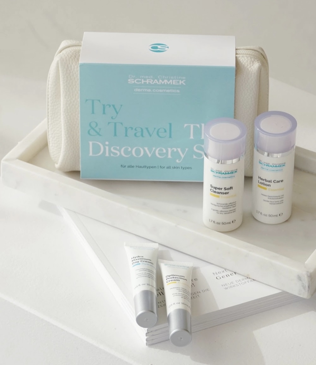 קיט נסיעות ד״ר שראמק /travel kit +תיק עור לבן יוקרתי במתנה
