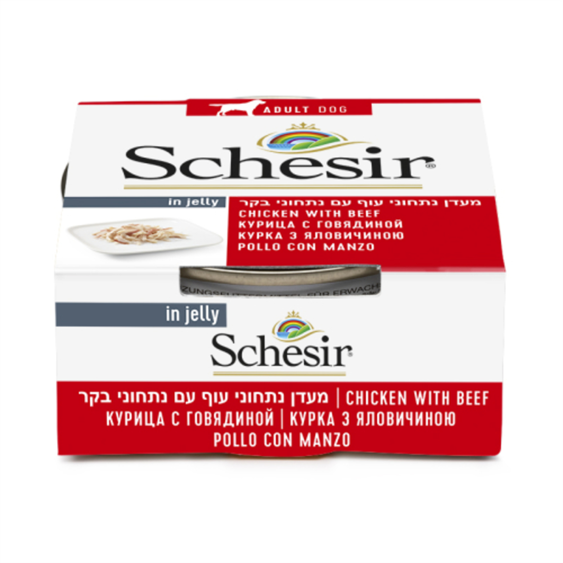 שזיר מעדן נתחוני עוף עם נתחוני בקר לכלב 150 גר' - Schesir Dog