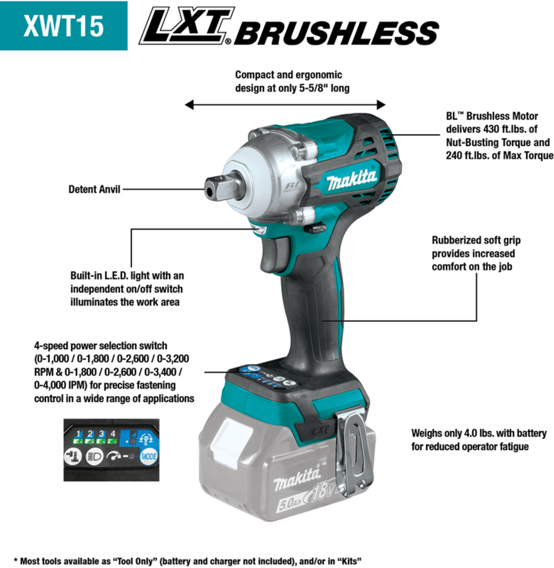 MAKITA 18V LXT® Lithium‑Ion Brushless Cordless 4‑Speed 1/2