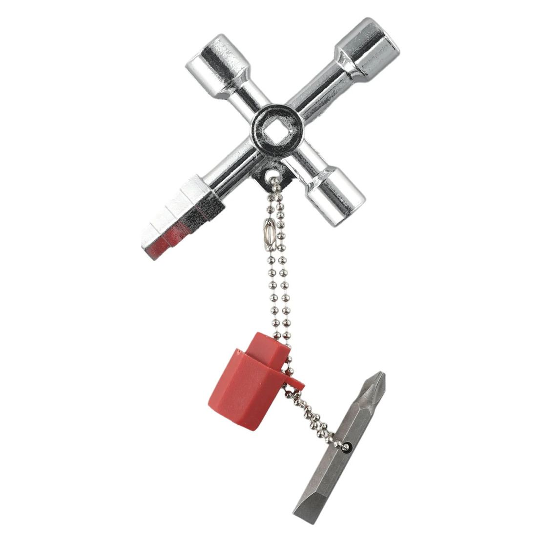 4 Way Cross Water Meter Key Zinc Alloy Multifunction Key, Universal Control Cabinet Key Torque Wrenches Cross Key With 1 Chain