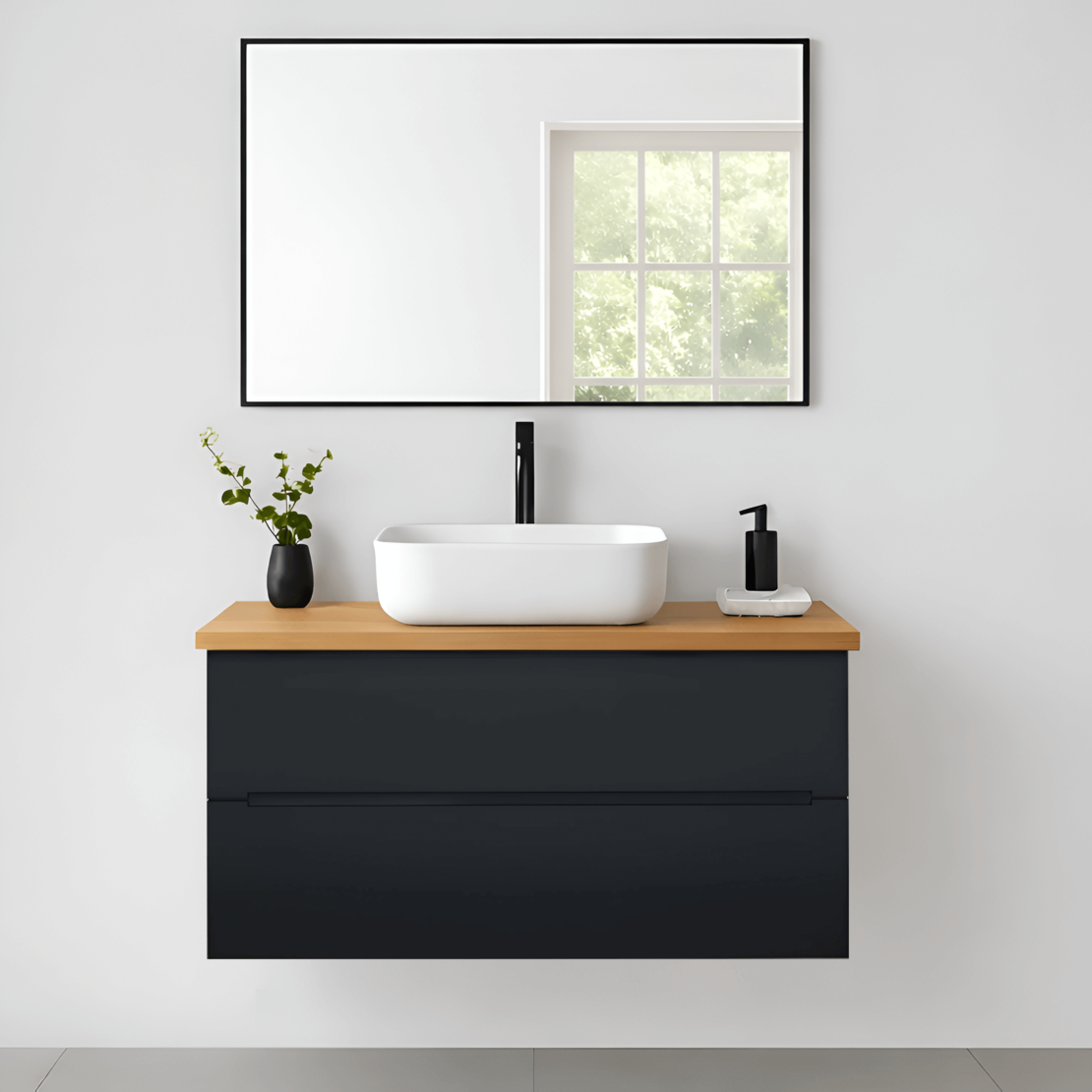 ארון אמבטיה תלוי אודם בוצ'ר שחור כולל כיור מונח