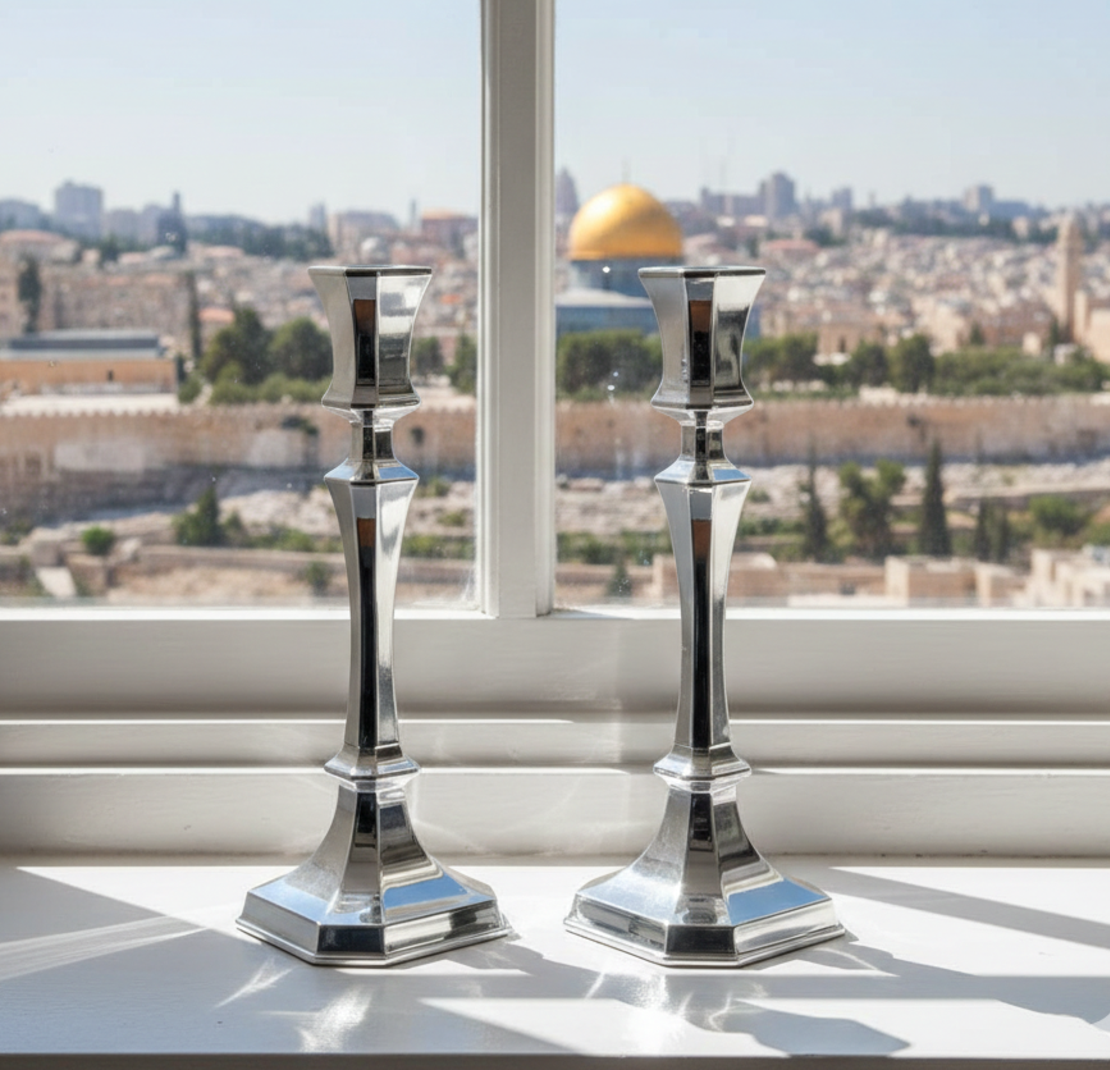 Candlesticks for Shabbat in a clean and magnificent design made of pure 925 silver, handmade on a Jerusalem window sill