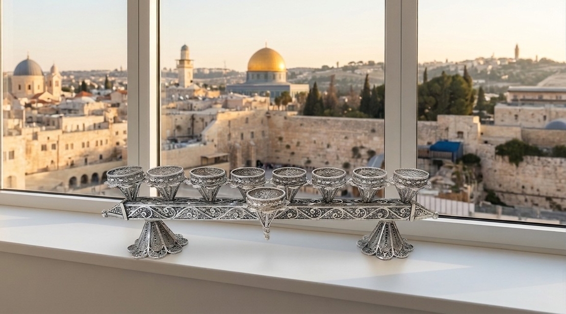 חנוכיית כסף טהור דגם פס | חנוכיית פיליגרין בעיצוב מסורתי ויוקרתי על אדן חלון ירושלמי