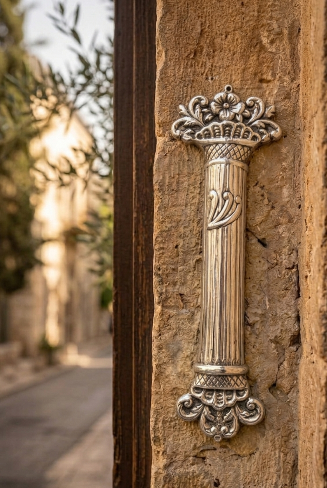 מזוזה מהודרת בעבודת יד מכסף טהור על משקוף דלת