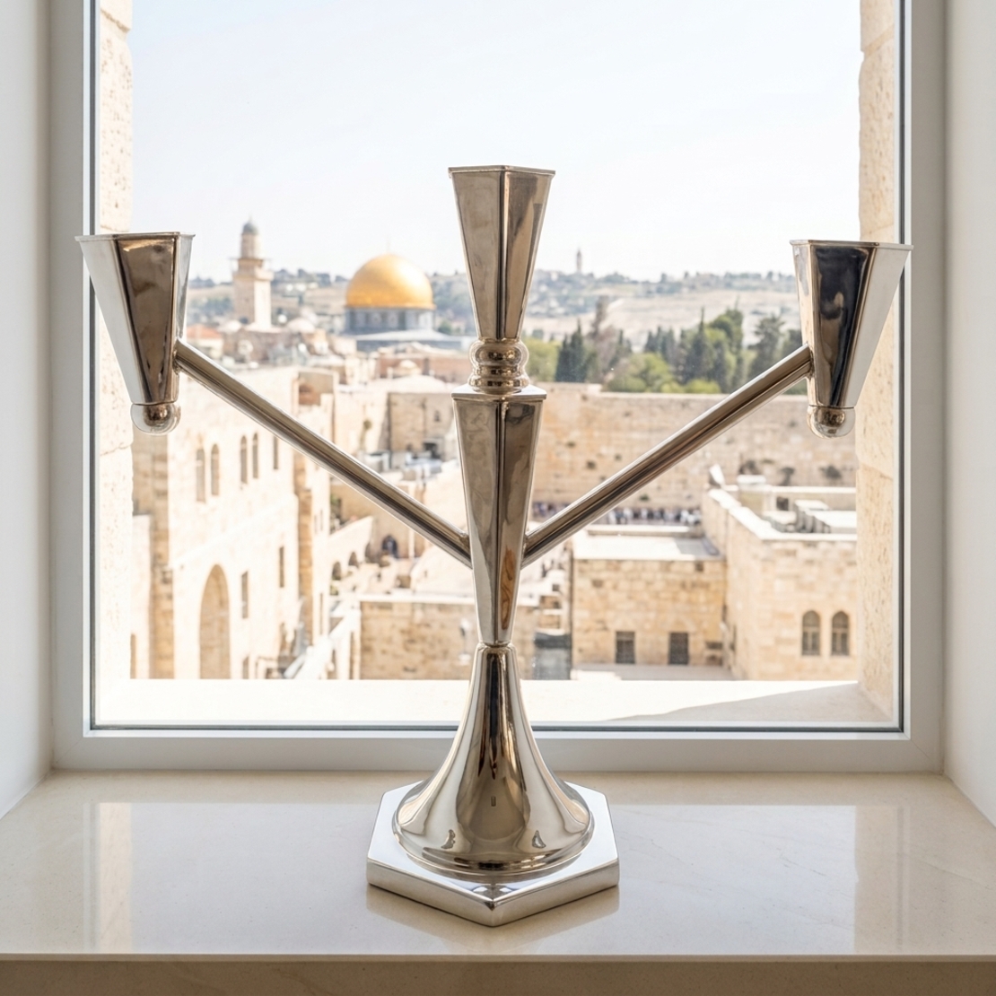 קנדלברה כסף טהור דגם משושה 3 קנים | פמוט שלושה קנים בעיצוב גאומטרי על אדן חלון ירושלמי
