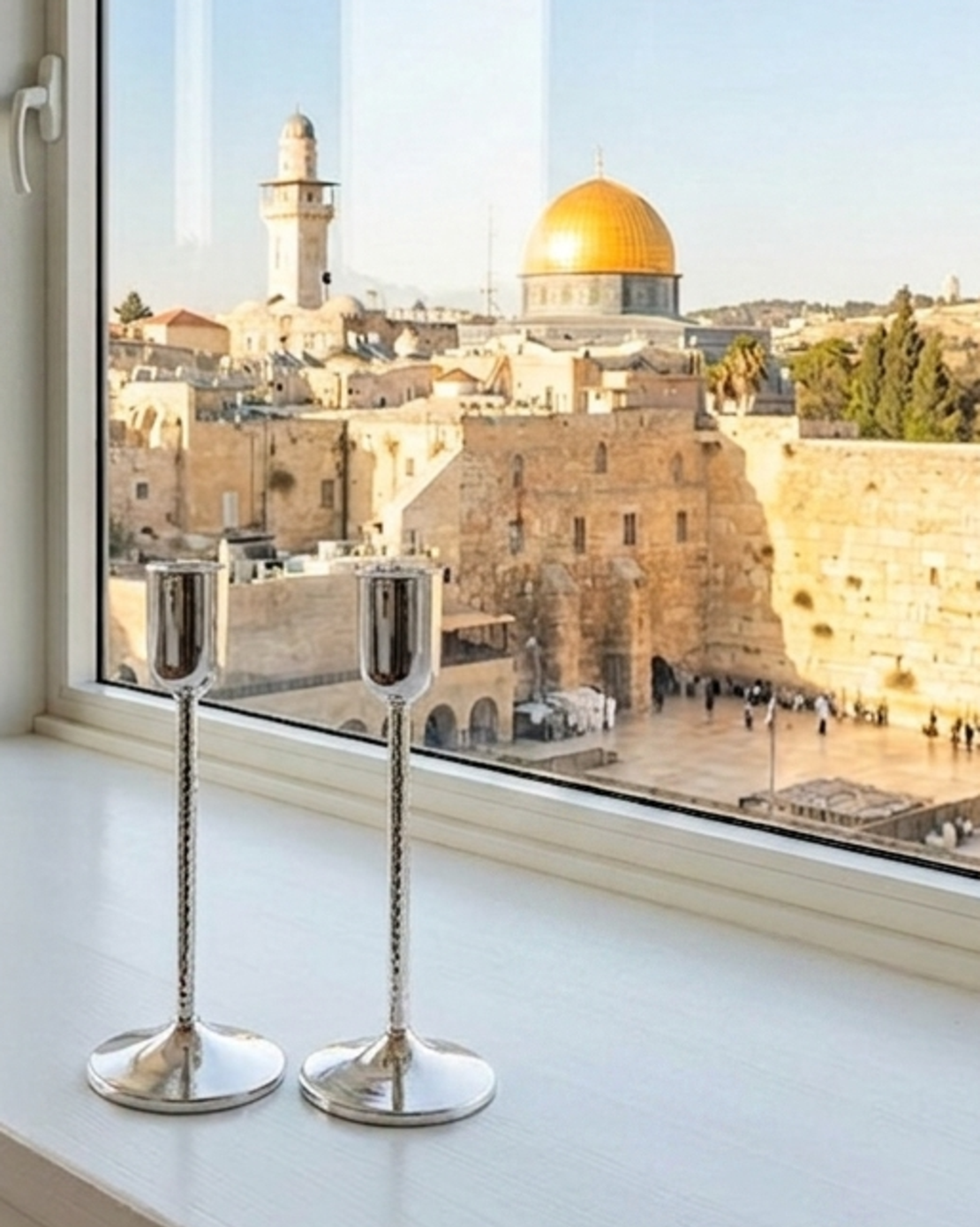 פמוטים בעיצוב מודרני בעבודת יד מכסף טהור 925 על אדן חלון ירושלמי