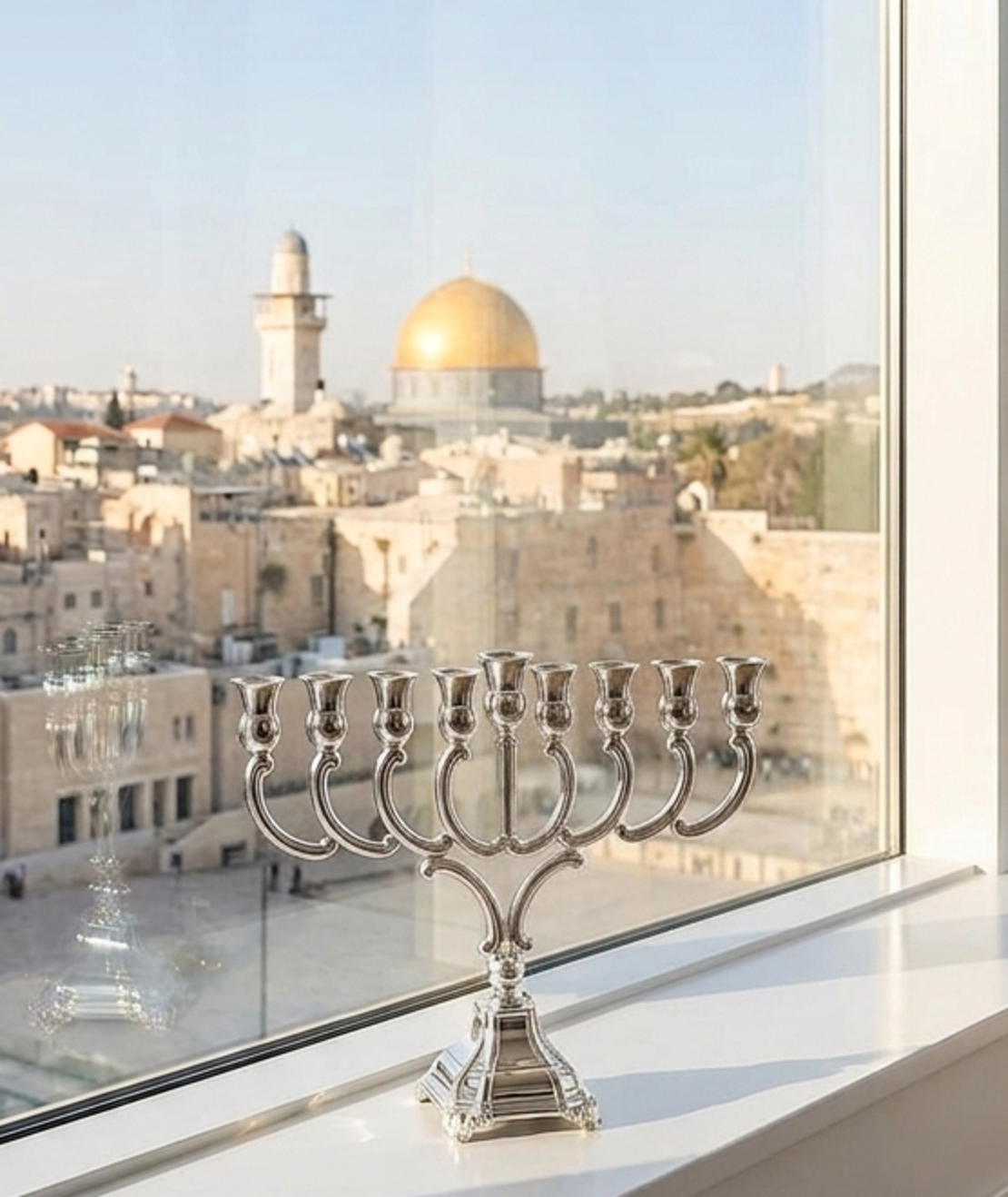 חנוכיה בעיצוב מסורתי מרשים מכסף טהור 925 עבודת יד תוצרת הארץ על אדן חלון ירושלמי