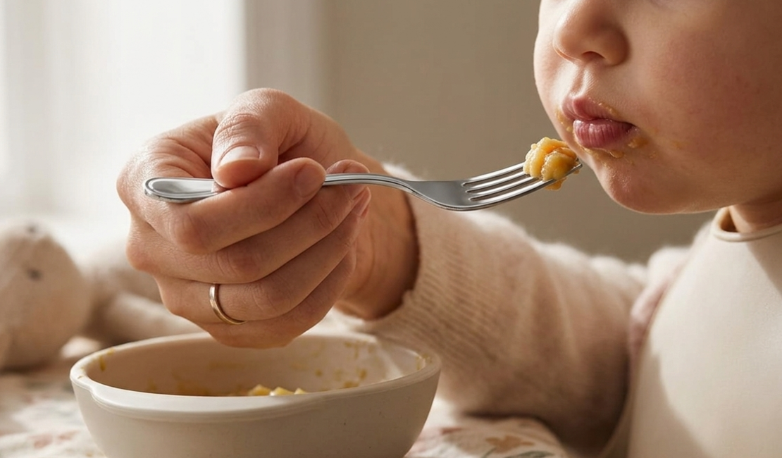 A hand feeding a baby with a pure silver fork