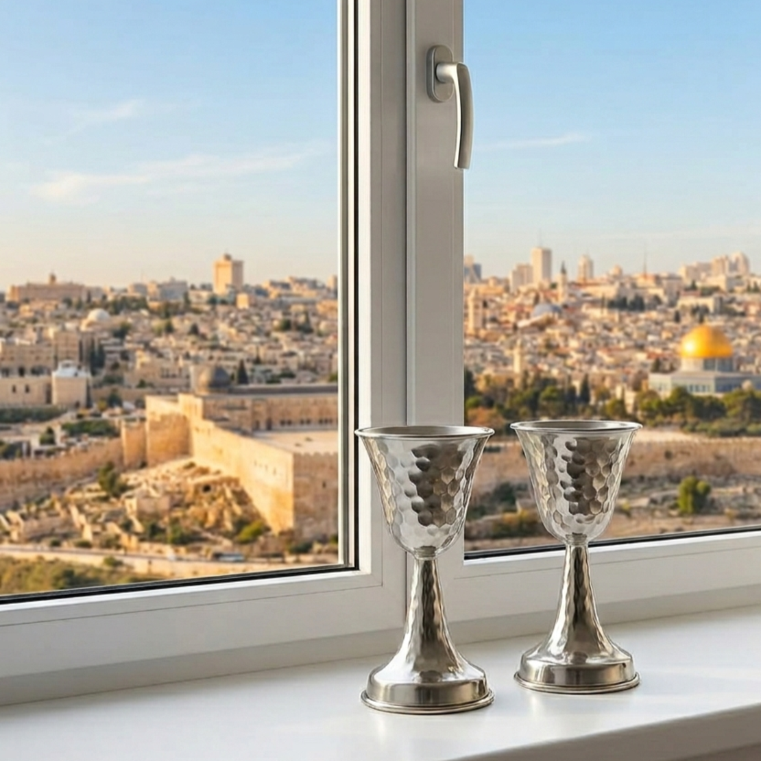 פמוטים מעוצבים בפטיש עבודת יד  מכסף טהור 925 על אדן חלון ירושלמי