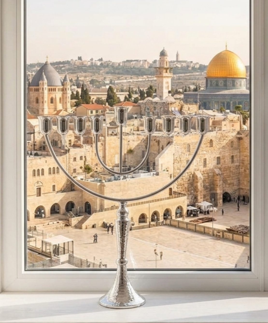 חנוכיה פטיש ייחודית מכסף טהור 925 עבודת יד על אדן חלון ירושלמי