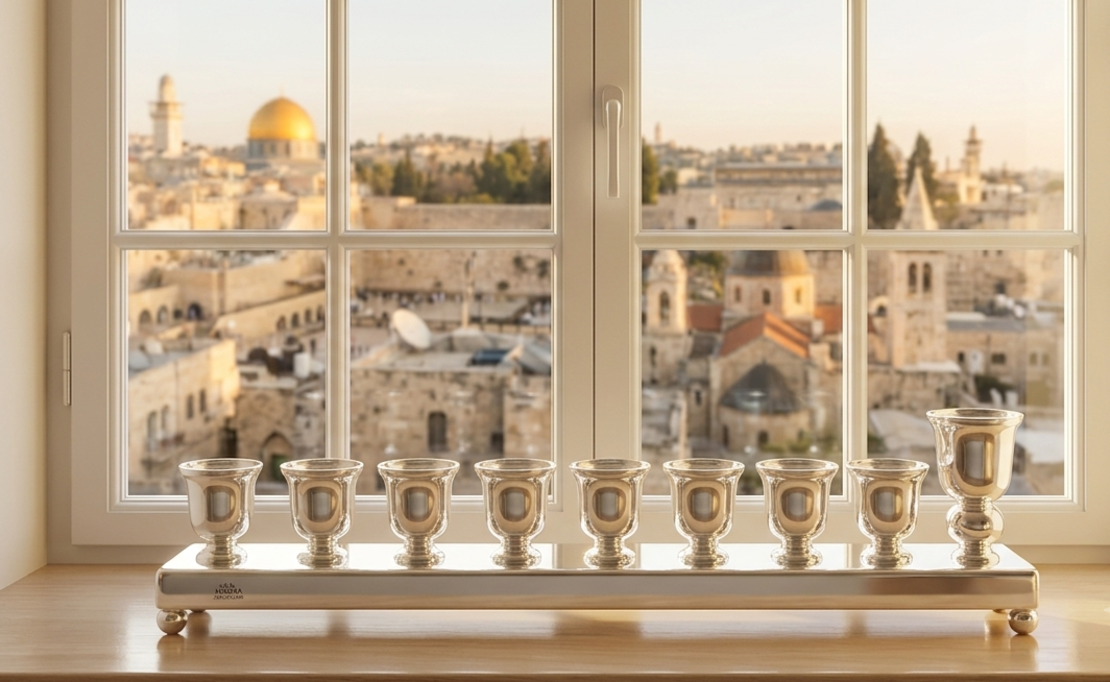 חנוכיה איכותית, שטוחה ומיוחדת בעבודת יד מכסף טהור על אדן חלון ירושלמי