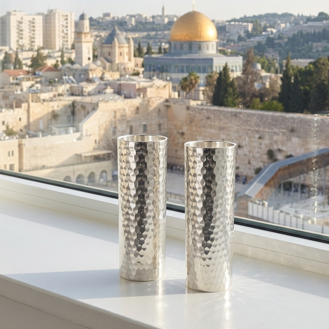 פמוטים מעוצבים בבלעדיות מכסף טהור 925 עבודת יד, על אדן חלון ירושלמי