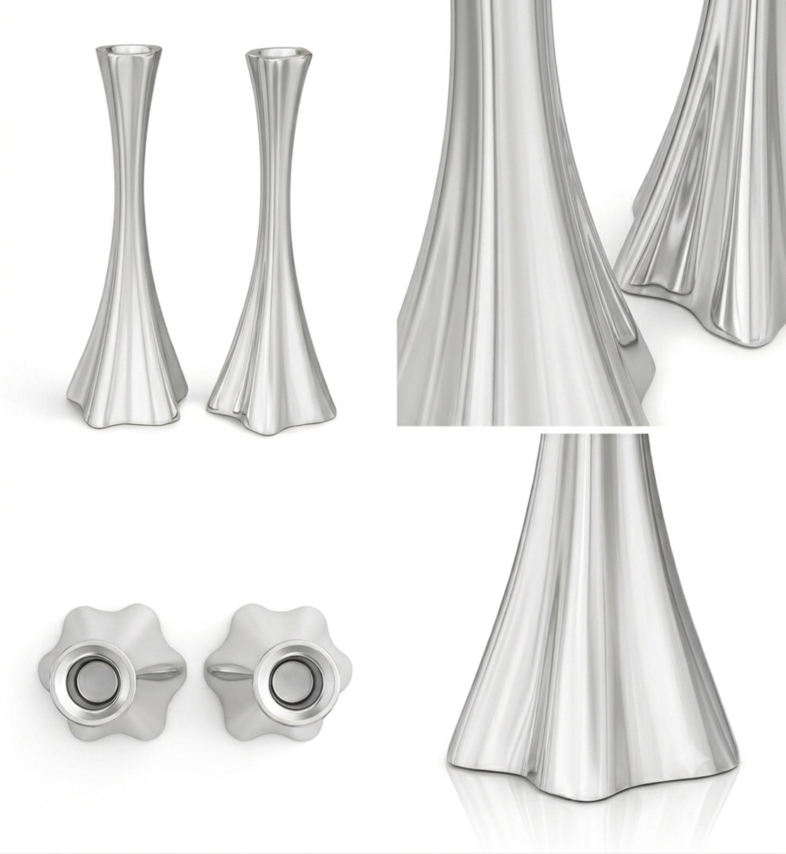 Candlesticks in a modern design made of pure silver, different angles
