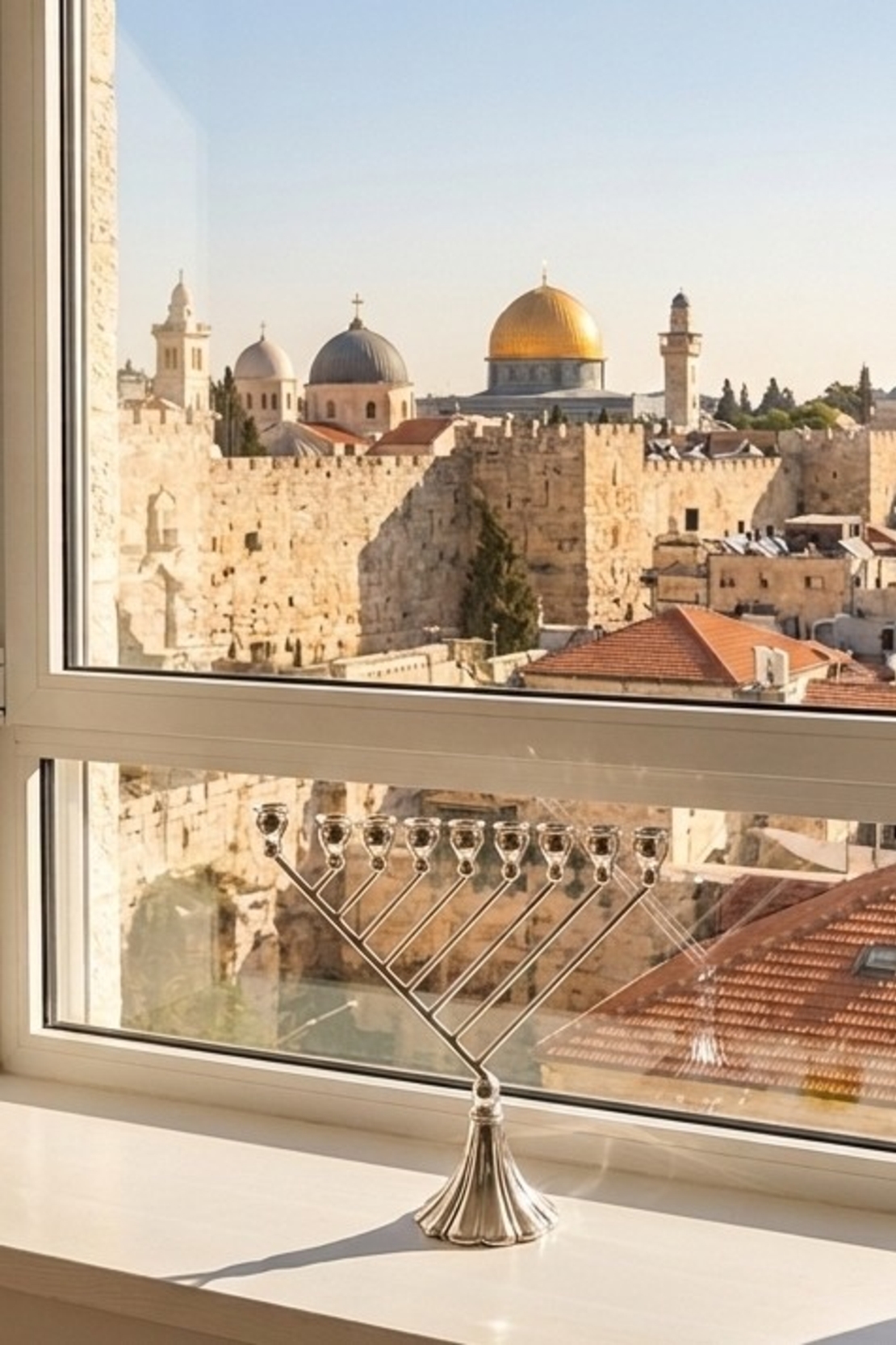 חנוכיה מעוצבת מכסף טהור 925 עבודת יד תוצרת הארץ על אדן חלון ירושלמי