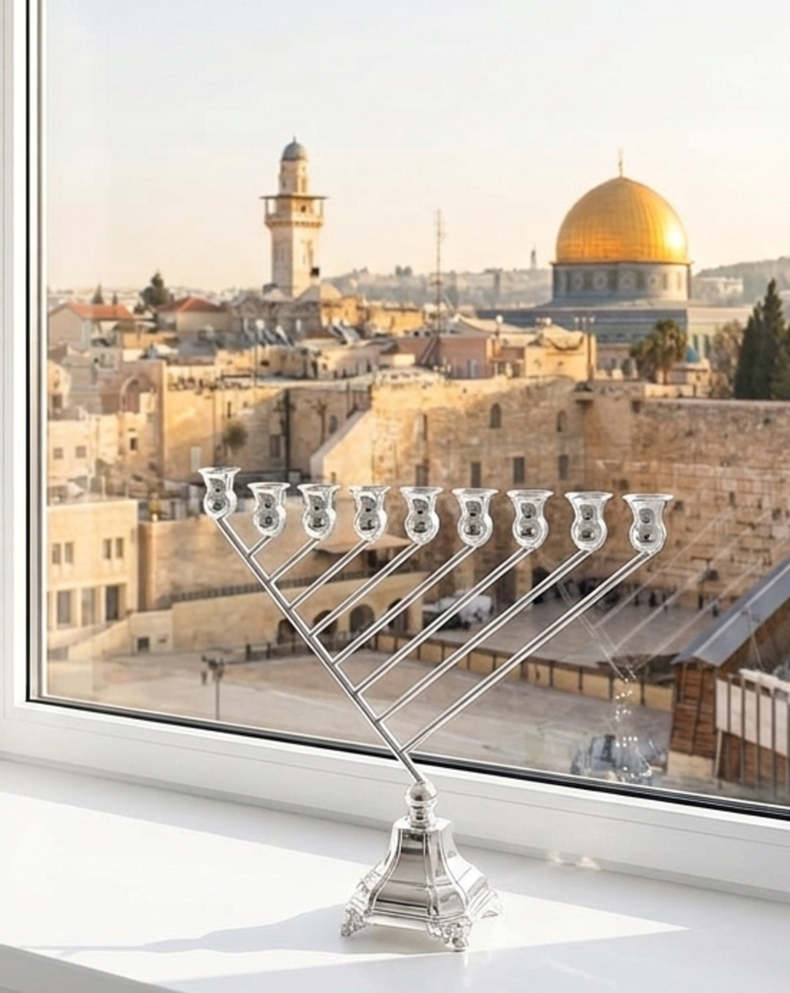 חנוכיה בעיצוב מודרני מסורתי מכסף טהור 925 עבודת יד תוצרת הארץ על אדן חלון ירושלמי