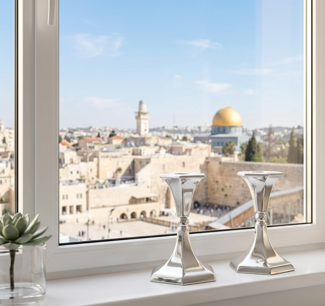 פמוטים מעוצבים בקווים גיאומטריים מכסף טהור 925 עבודת יד, על אדן חלון ירושלמי