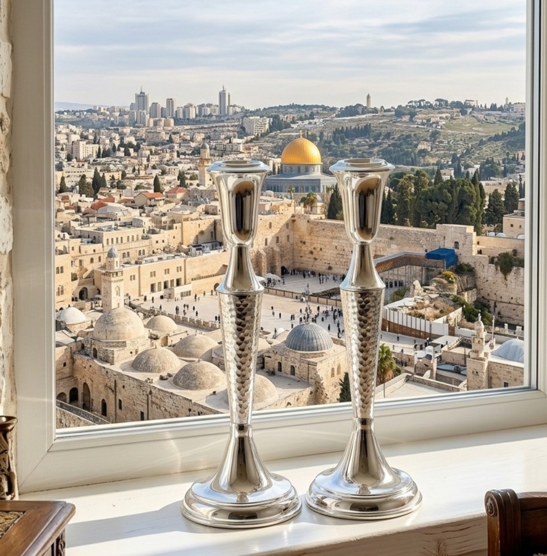 פמוטים מכסף טהור דגם מסורתי פטיש על אדן חלון ירושלמי