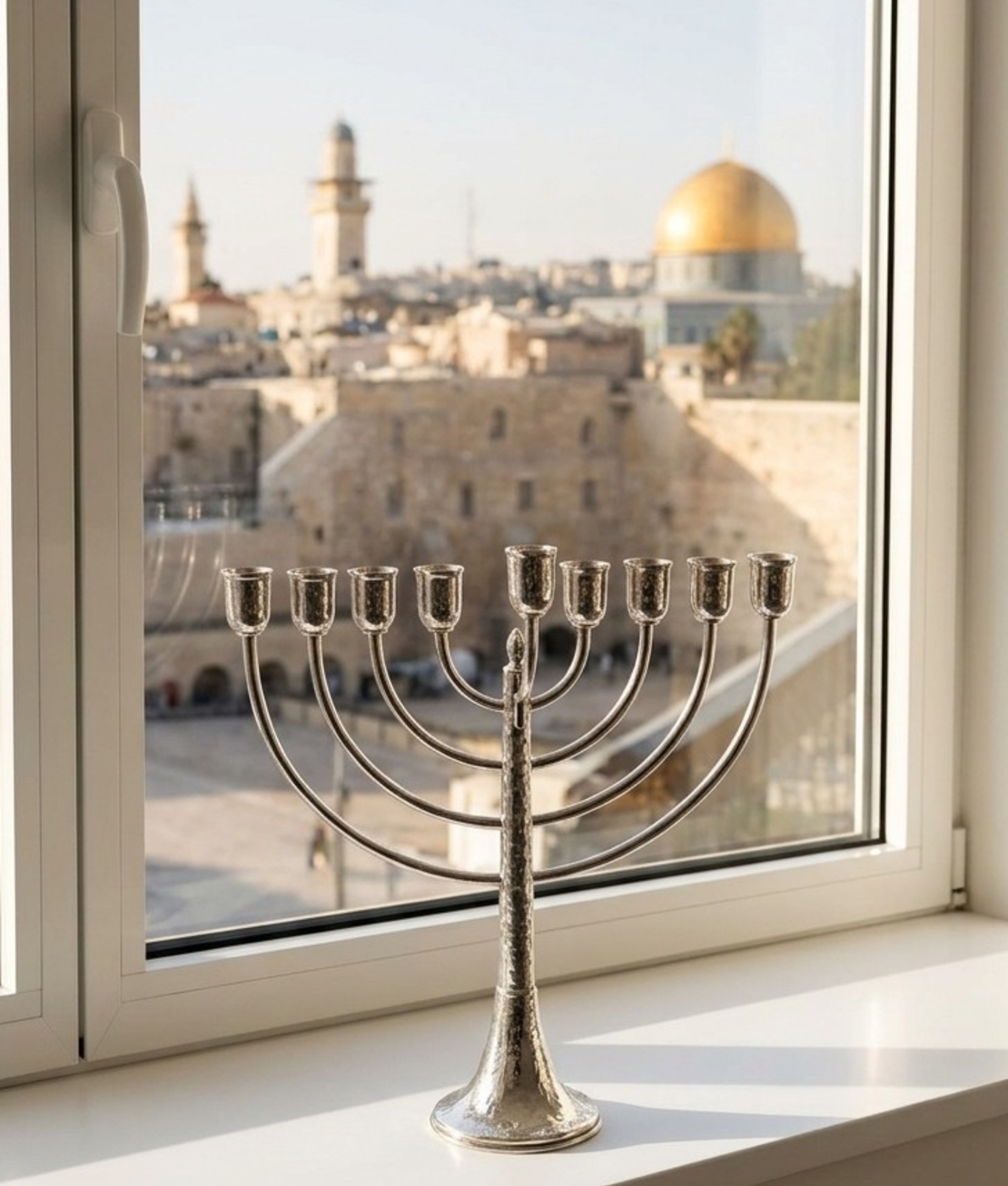 Pure Silver Menorah, Hammered Bows Model | A classically designed Hanukkah menorah on a Jerusalem windowsill