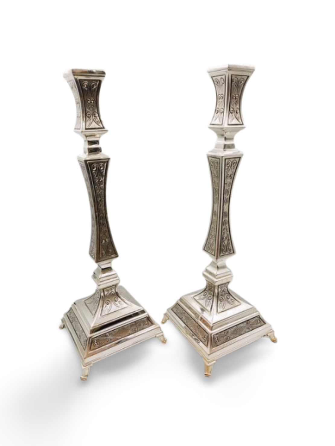 A pair of M pure silver decorated shintas candlesticks