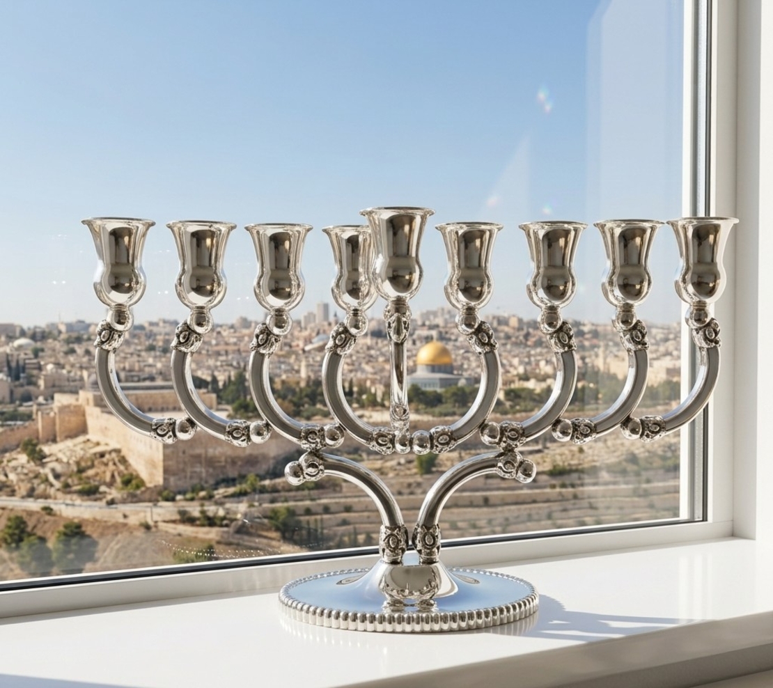 Pure Silver Menorah Katz Model | Classic and Ornate Menorah on a Jerusalem Windowsill