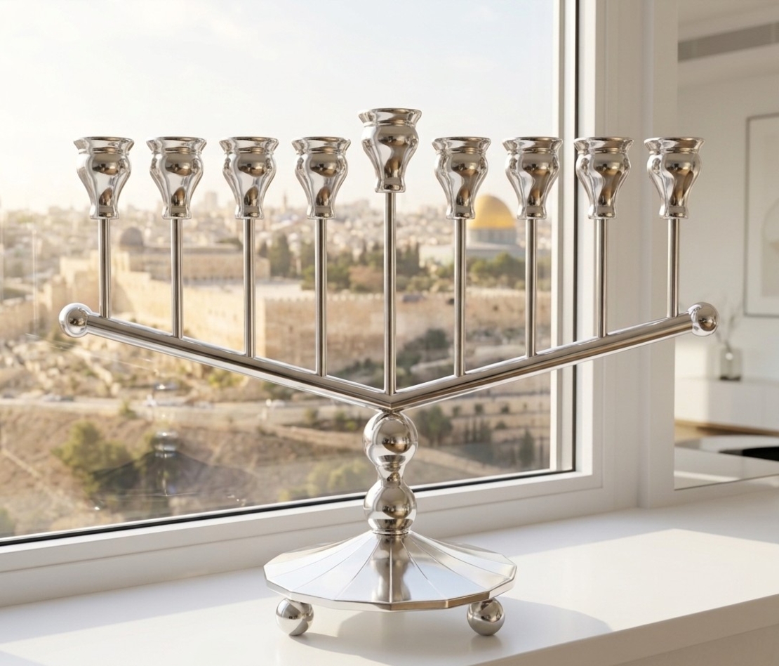 חנוכיית כסף טהור דגם מצולע | חנוכייה קלאסית ומעוצבת על אדן חלון ירושלמי