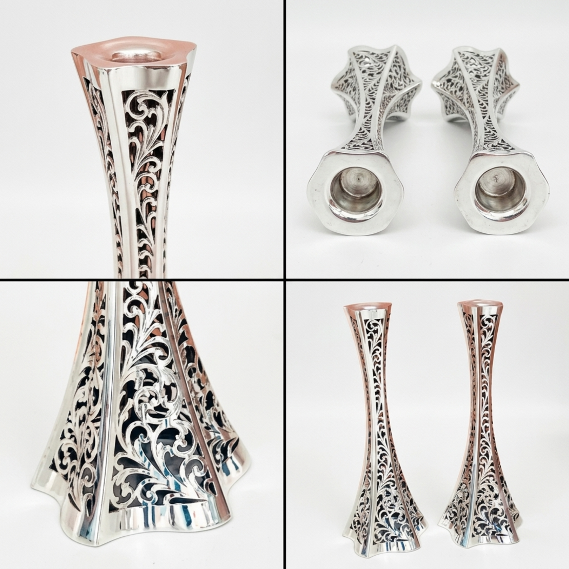 Pure silver candlesticks with a unique design and hand-sawed from different angles