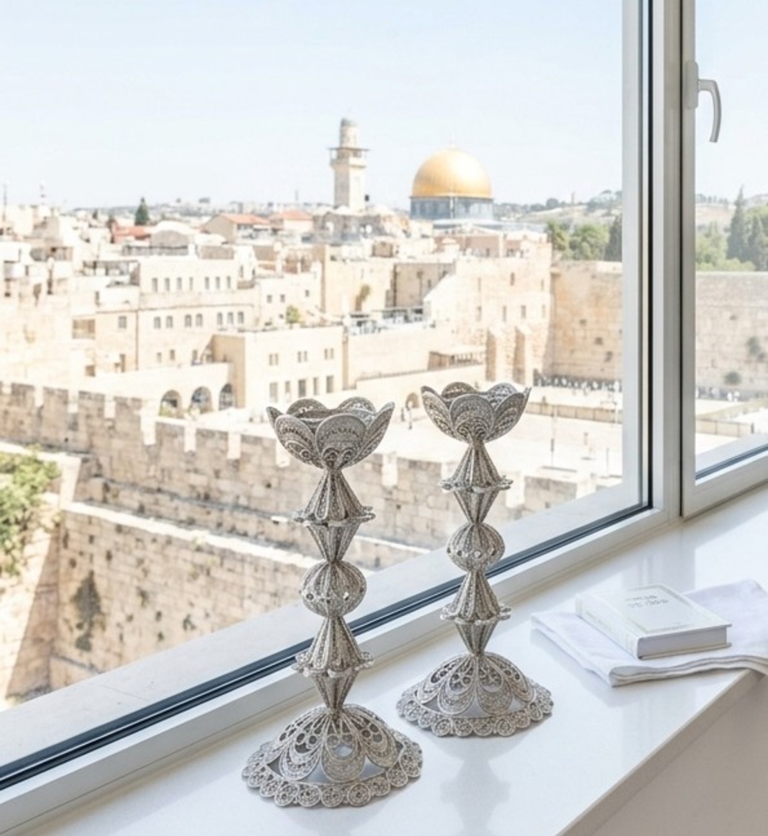 פמוטים כסף טהור דגם פרח מעוין | פמוטי שבת בעבודת פיליגרן מסורתית על אדן חלון ירושלמי