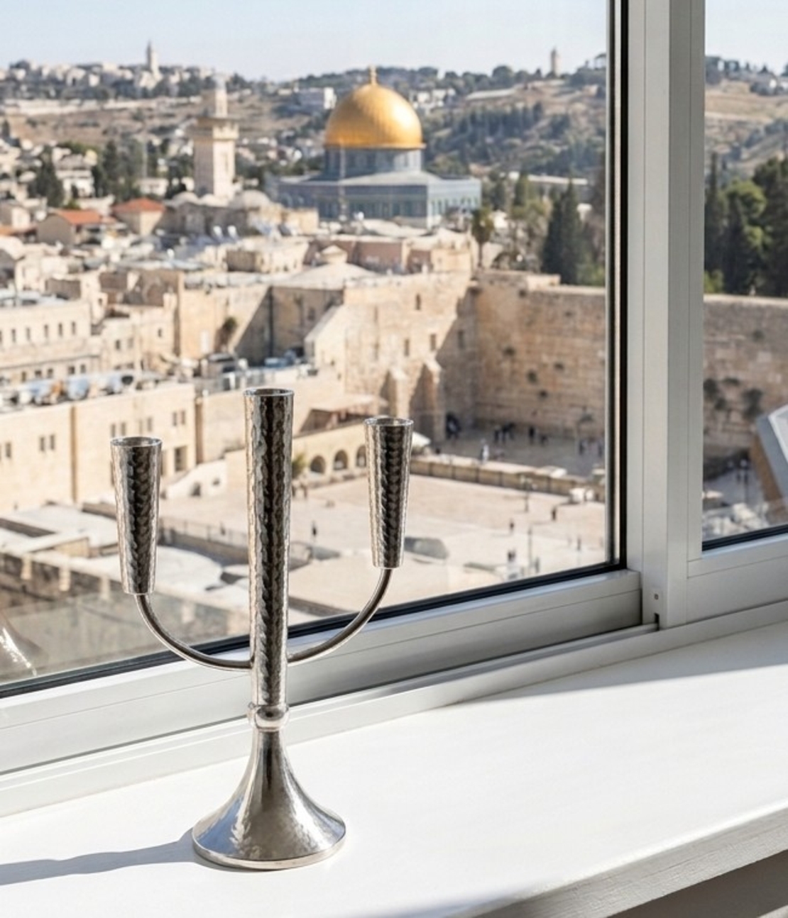 קנדלברה פטיש שלוש קנים בעבודת יד מכסף טהור 925 על אדן חלון ירושלמי