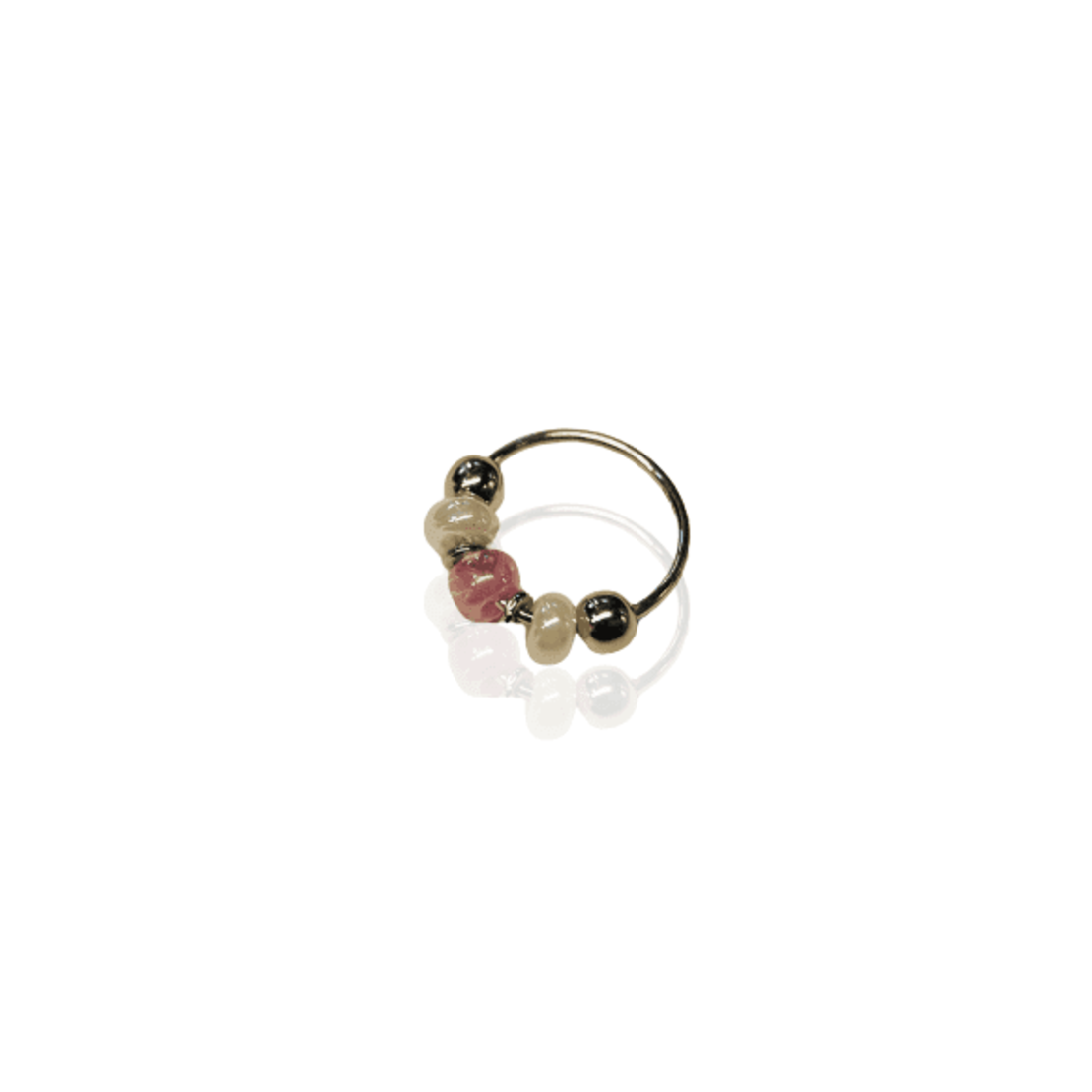 Hoop for piercing with a white and pink bead - 14K gold