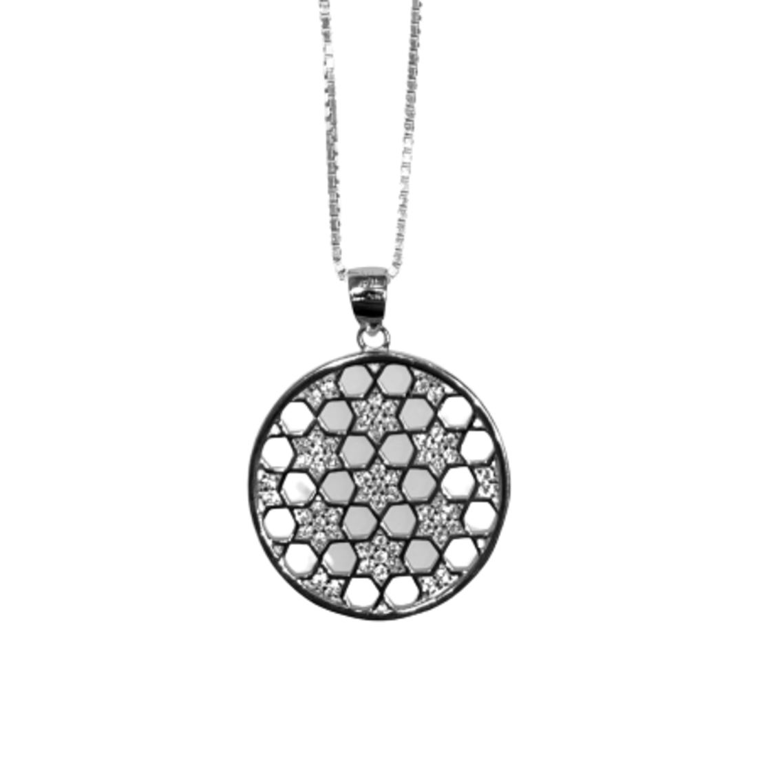 A round silver pendant with many Stars of David