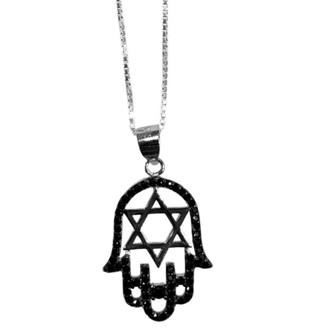 Hamsa / Star of David pendant inlaid with black zircons