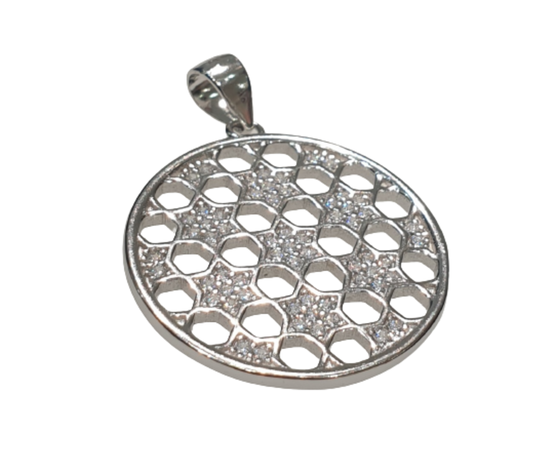 A round silver pendant with many Stars of David