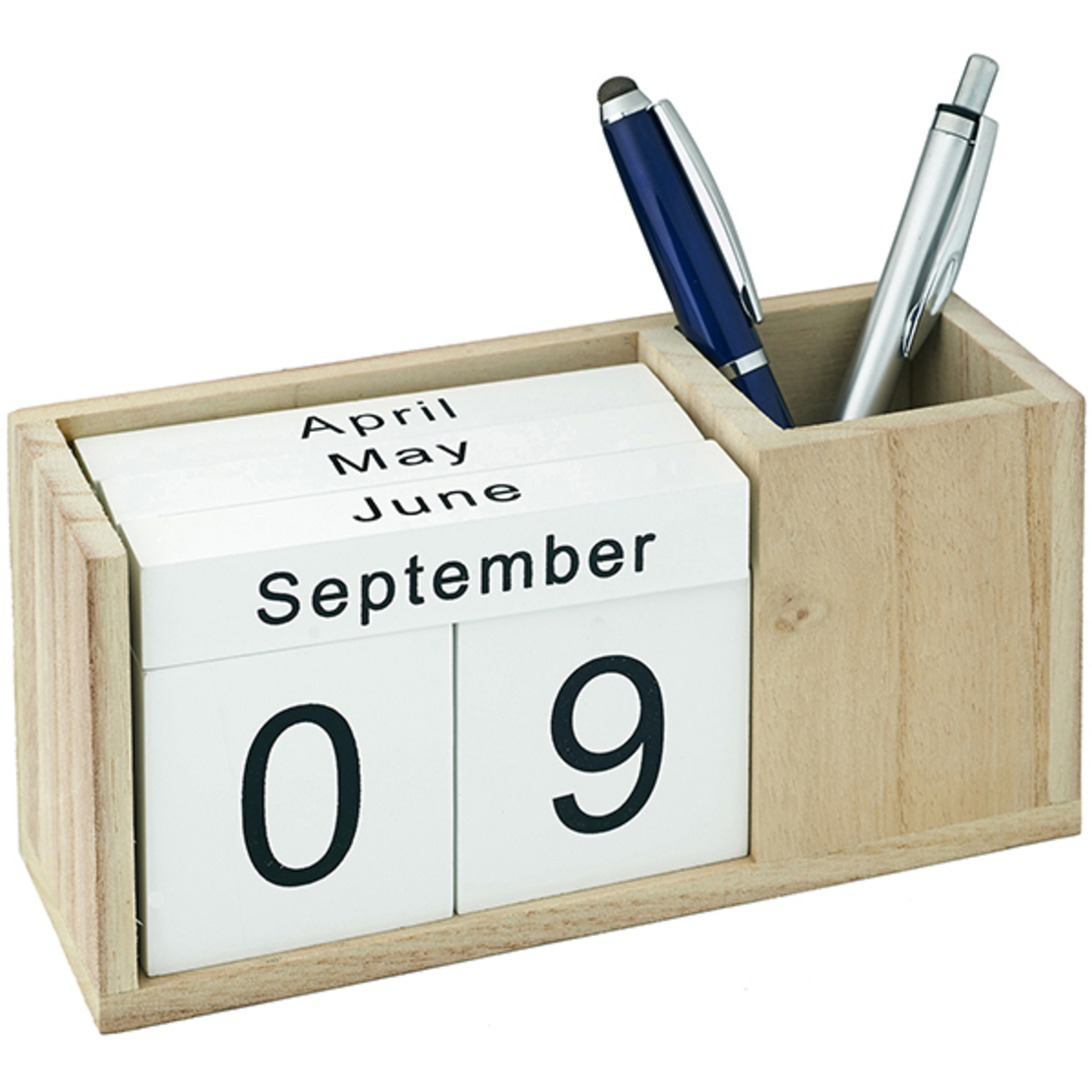 Calendar stand - natural wooden cube date with cup for pens