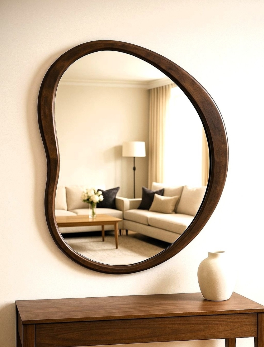 🪞 מראה אמורפית עם מסגרת עץ כהה – עיצוב טבעי ומודרני