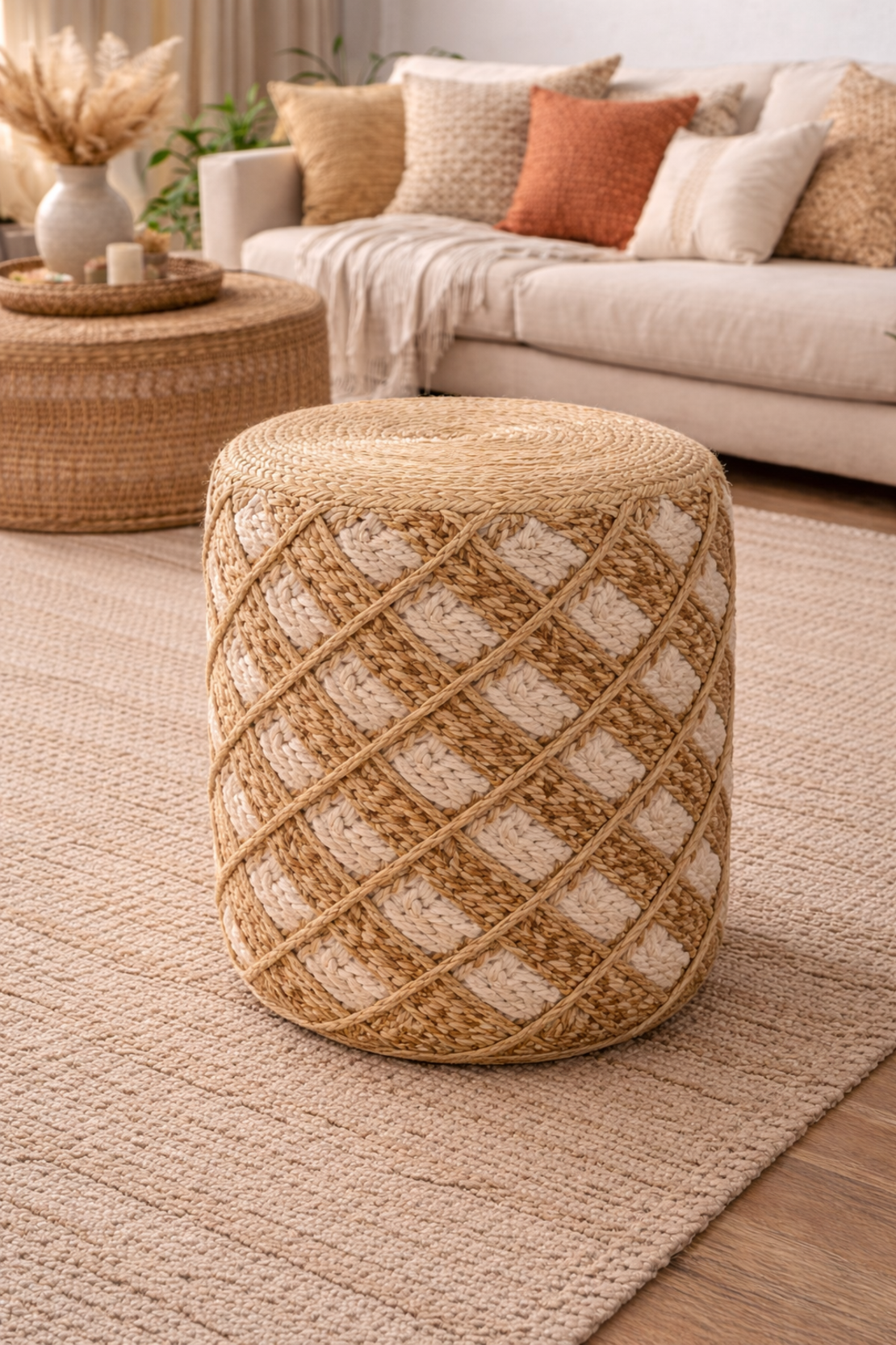 הדום ישיבה עגול מראטן וחבל – עיצוב טבעי בסגנון בוהו