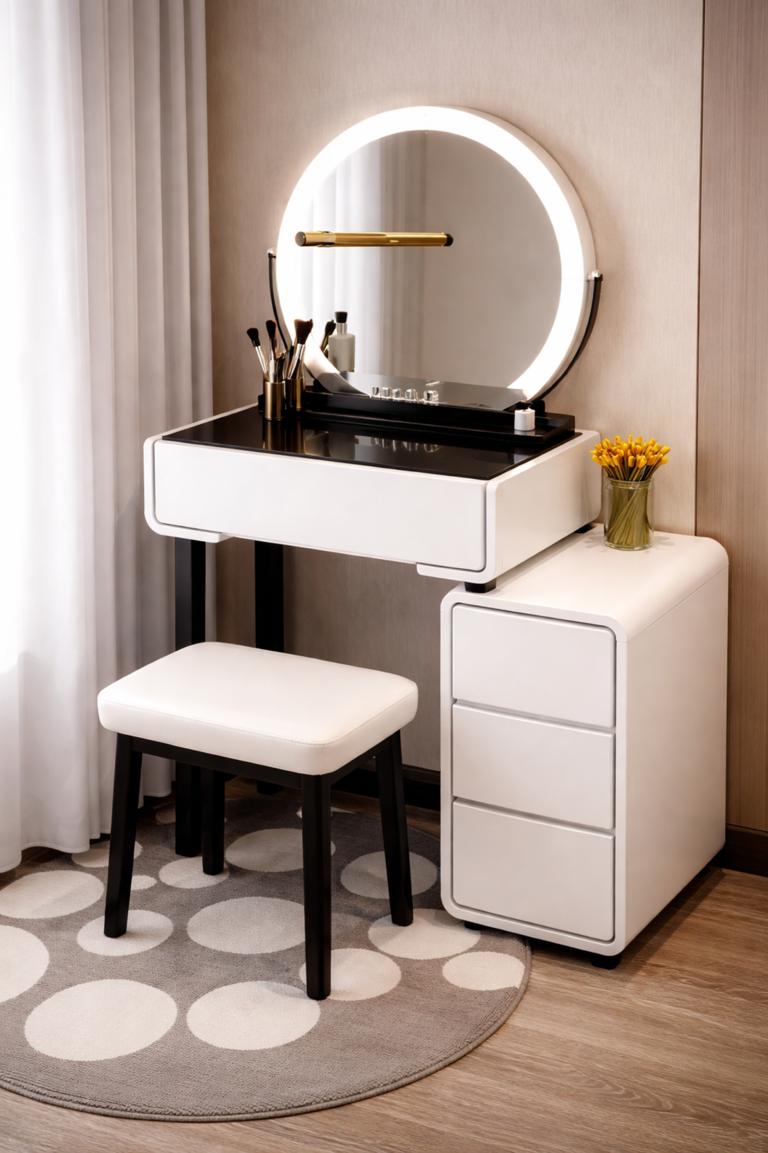 שידת איפור קומפקטית עם מראה וכיסא – דגם עמית(הזמנה מוקדמת)