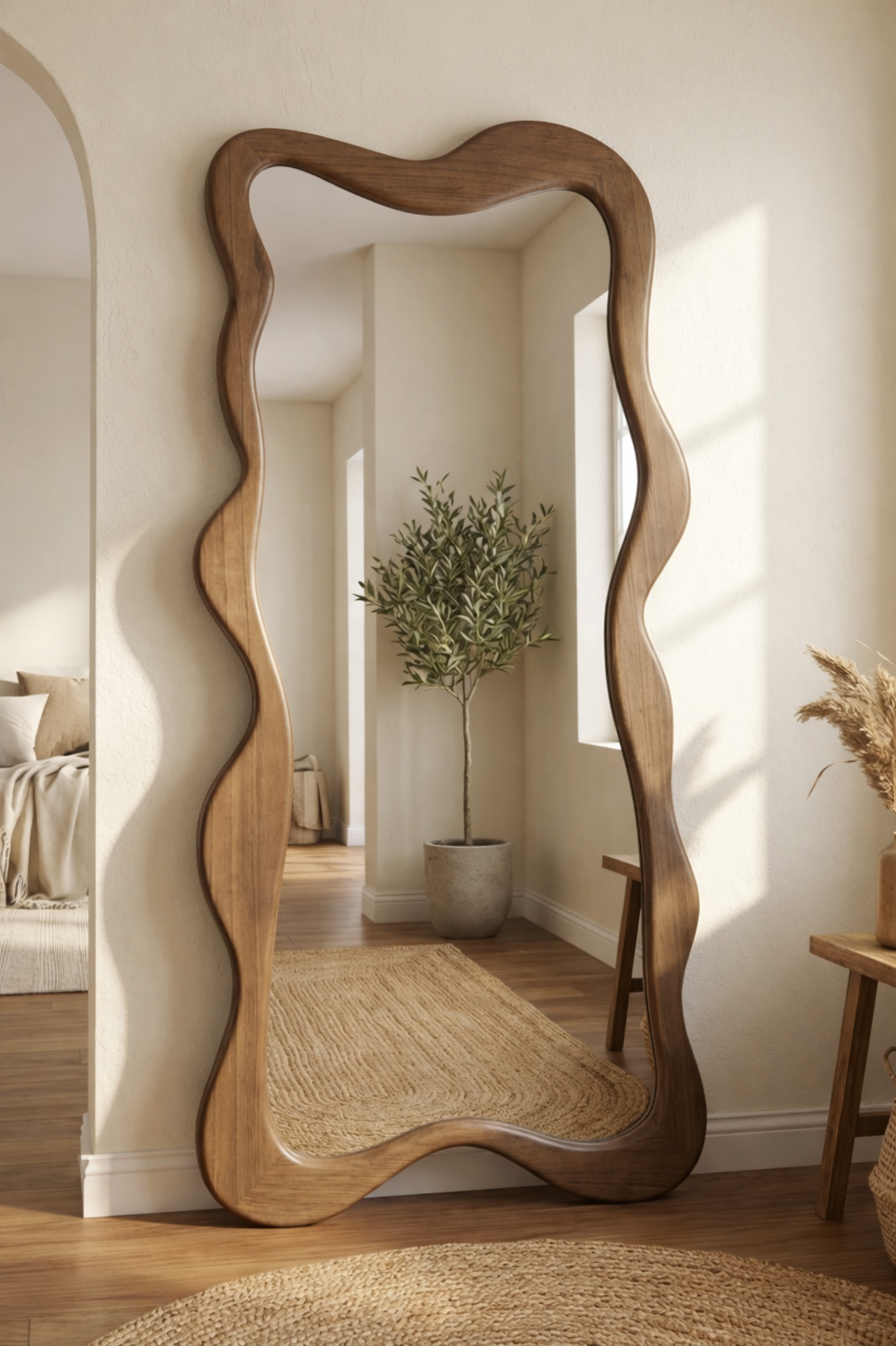 מראת גוף מעוצבת מעץ אגוז מלא – מסגרת גלים אורגנית